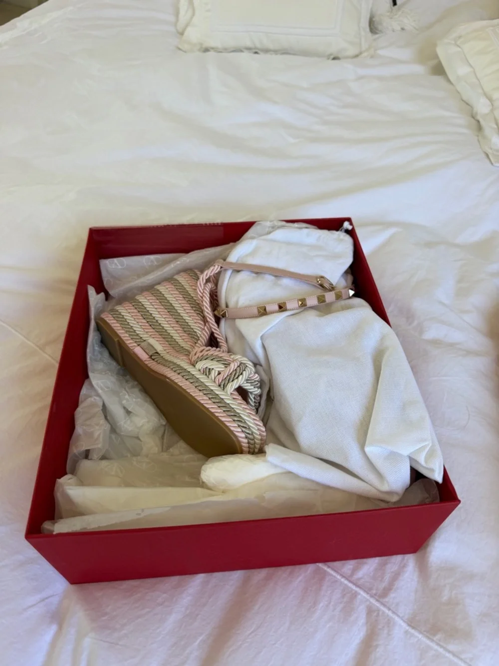 Valentino Pink Braided Rope Wedge Sandals with Gold Studs - Picture 7 of 8